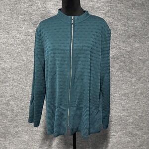 Misook Jacket Womens XL Teal Textured Knit Zip Front Cardigan Sweater Top